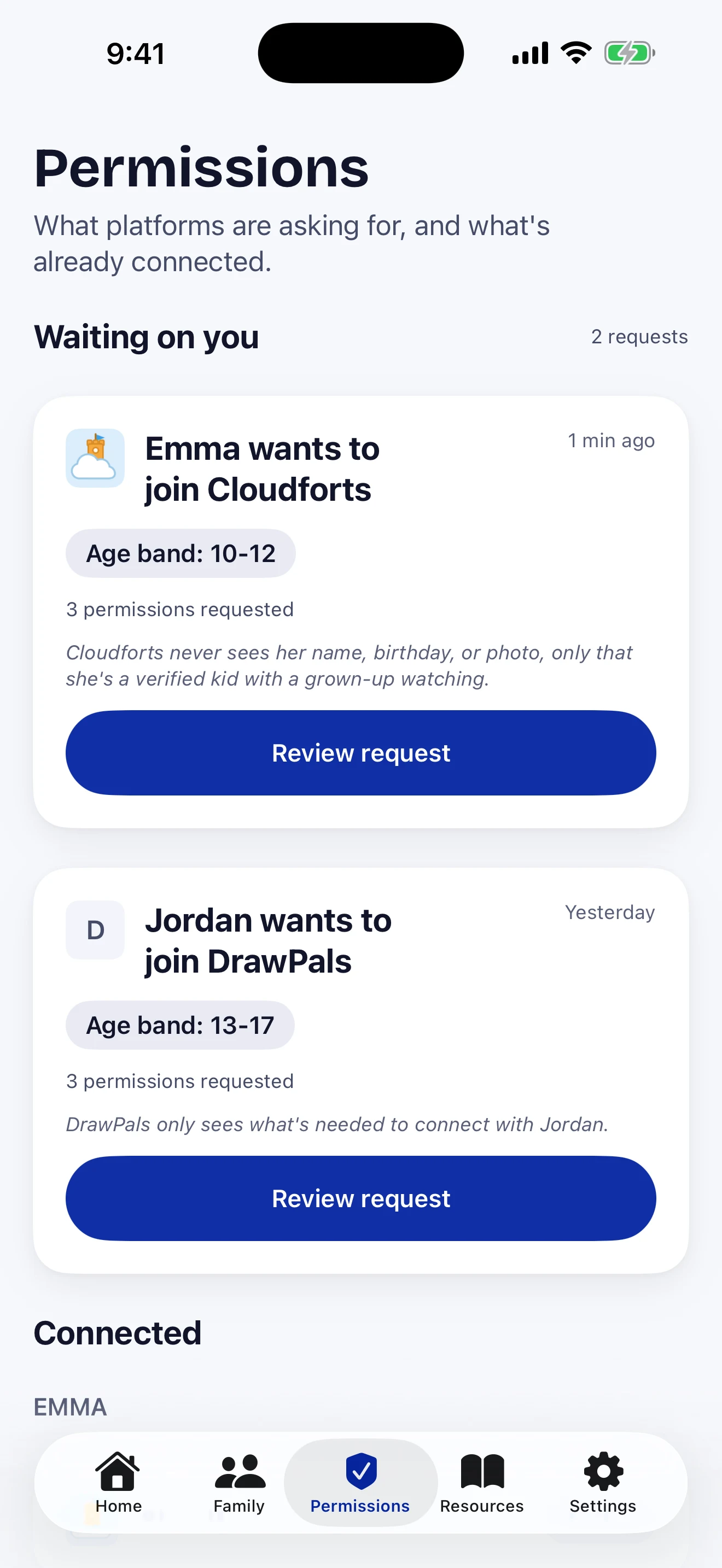 The permissions screen in the Guardian app: what a platform asked for, each with its own switch