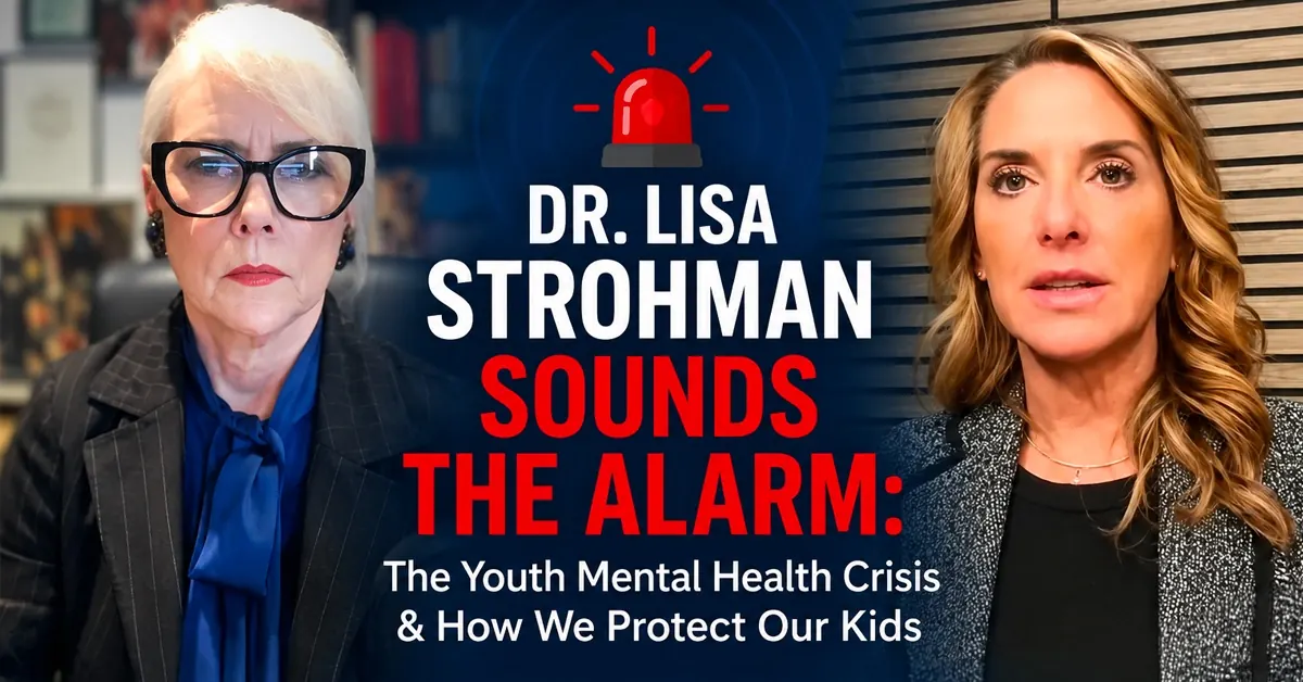 Two woman, Lynn Shaw, Lynn's Warriors and Dr Lisa Strohman, featured on each side of the image with the text "Dr Lisa Strohman, Sounds the Alarm. The Youth Mental Health Crisis & How We Protect Our Kids" centered on a dark blue gradient with a siren icon at the top.